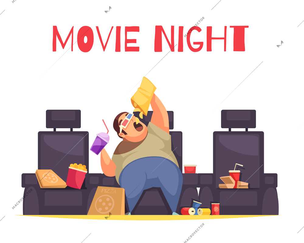 Movie night concept with gluttony and overeating symbols flat vector illustration