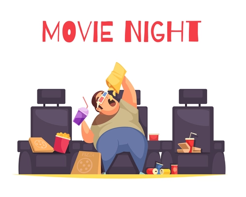 Movie night concept with gluttony and overeating symbols flat vector illustration