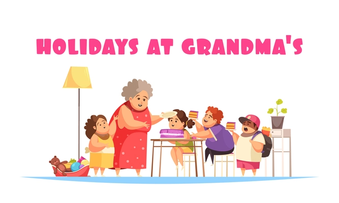 Overeating problems concept with holidays at grandma symbols flat vector illustration