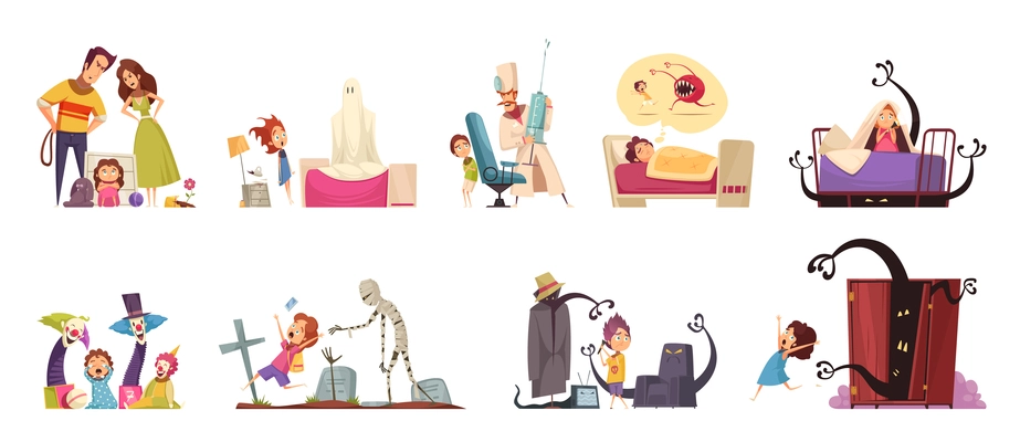 Childhood fears set with ghosts and doctors symbols isolated vector illustration