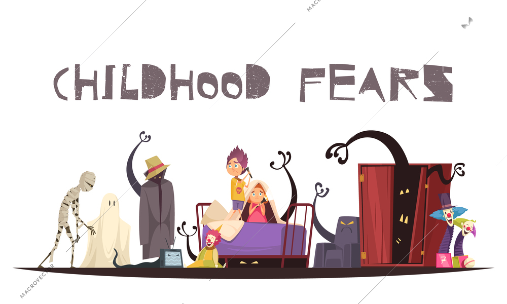 Childhood fears concept with ghosts monsters and clowns symbols vector illustration