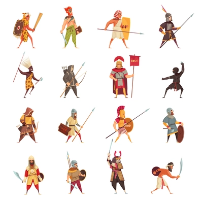 Ancient warriors icons set with weapons and equipment flat isolated vector illustration