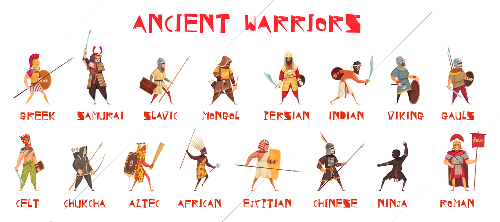 Ancient warriors set with national weapons flat isolated vector illustration