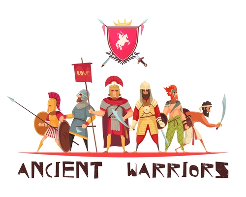 Ancient warriors concept with weapons and flags flat vector illustration