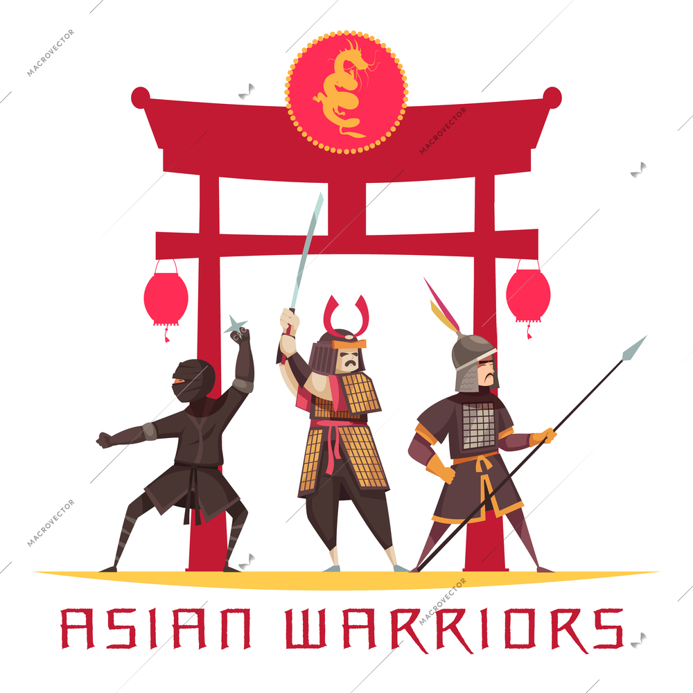 Asian ancient warriors concept with weapons and uniform flat vector illustration