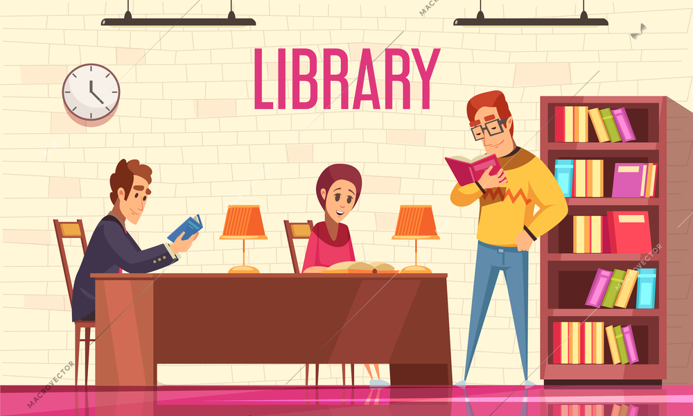 People reading books in library background with bookshelf flat vector illustration