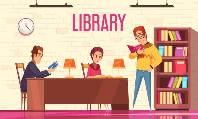 People reading books in library background with bookshelf flat vector illustration