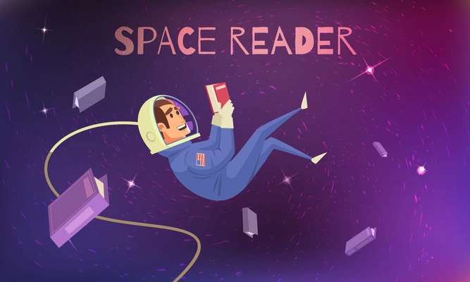 Space reading background with cosmonaut in spacesuit flat vector illustration