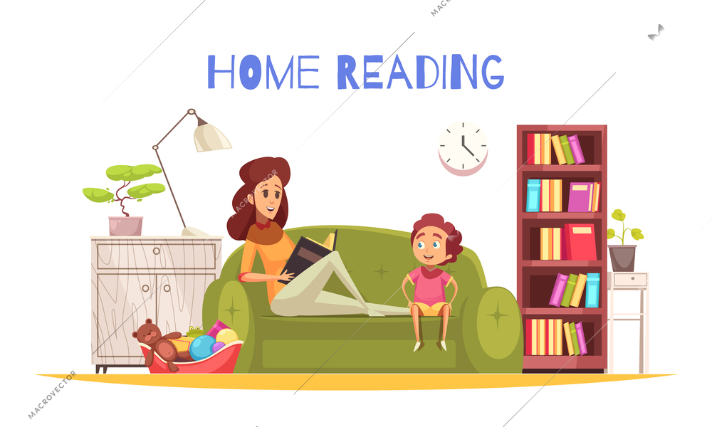 Home reading background with bookshelf lamp and sofa flat vector illustration