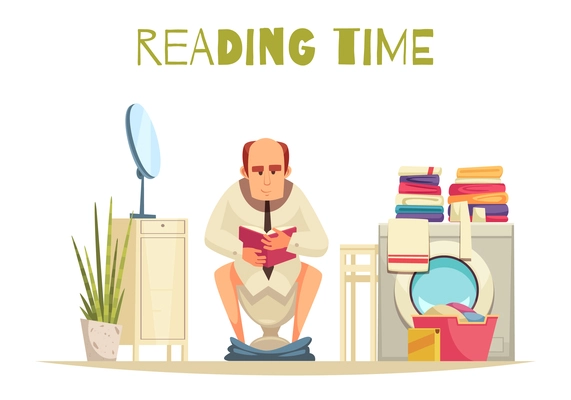 Reading time in toilet background with washing machine flat vector illustration