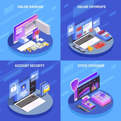 Internet banking 4 isometric icons square concept with account security online payments stock exchange display vector illustration