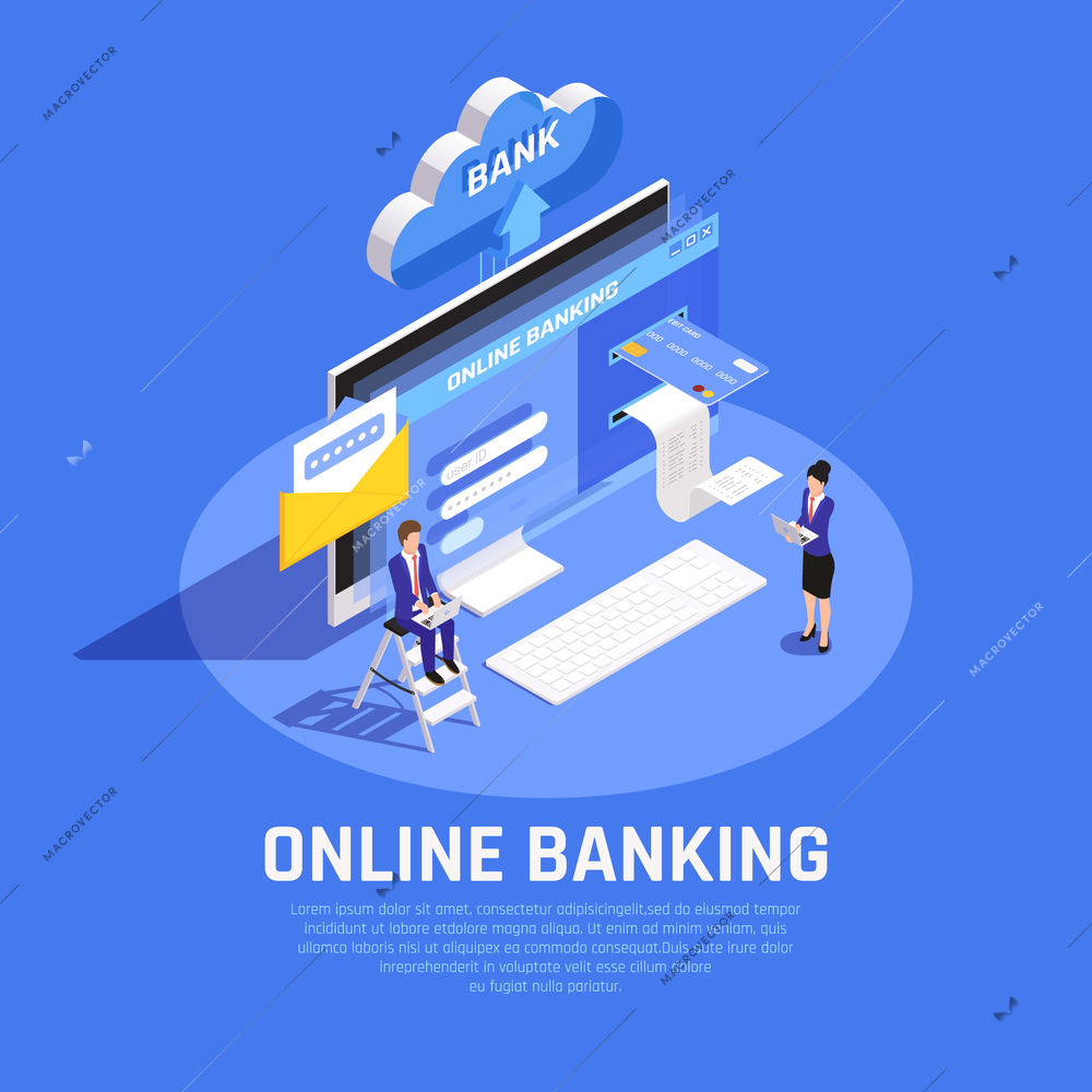 Internet banking isometric composition with online account login credit card cloud storage security service background vector illustration