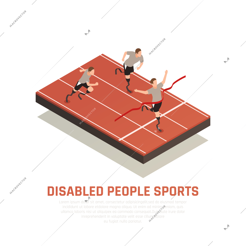 Disabled people sport isometric composition with 3 amputee blade prosthesis runners men crossing finish line vector illustration