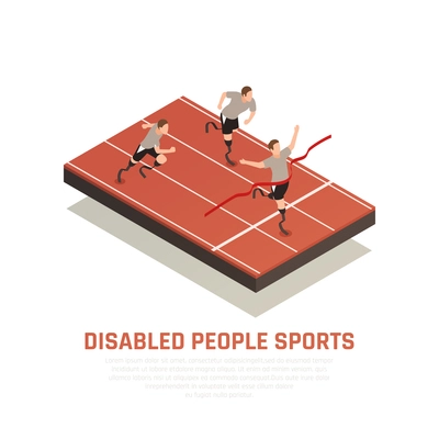 Disabled people sport isometric composition with 3 amputee blade prosthesis runners men crossing finish line vector illustration