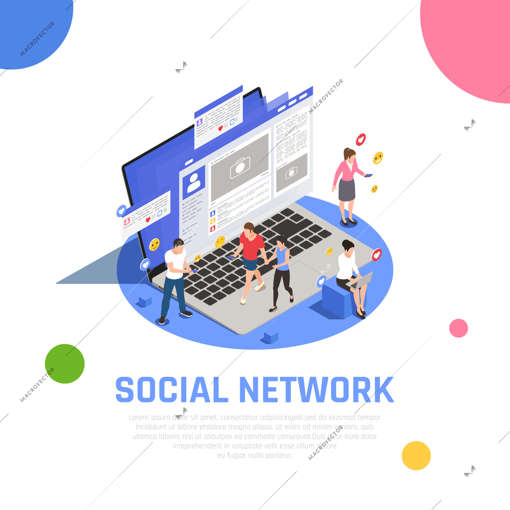 Social media network isometric composition on laptop with applications smartphone addicted users communicating messages  sharing vector illustration