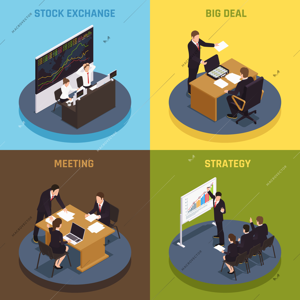 Investment funding 4 isometric icons  concept with managers meeting big deal strategy contracts stock exchange vector illustration