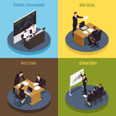 Investment funding 4 isometric icons  concept with managers meeting big deal strategy contracts stock exchange vector illustration