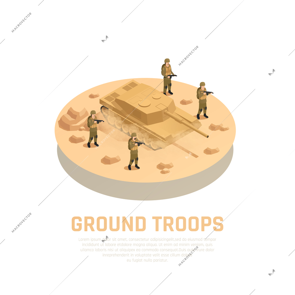 Military personnel machinery round isometric composition with armed ground troops servicemen and tank fighting vehicle vector illustration