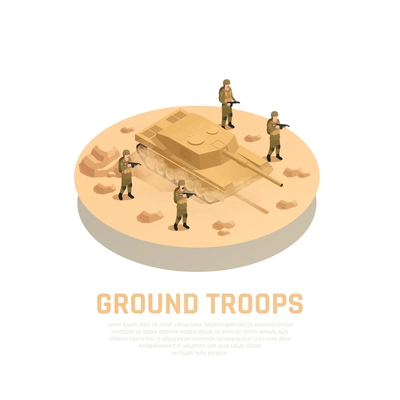 Military personnel machinery round isometric composition with armed ground troops servicemen and tank fighting vehicle vector illustration