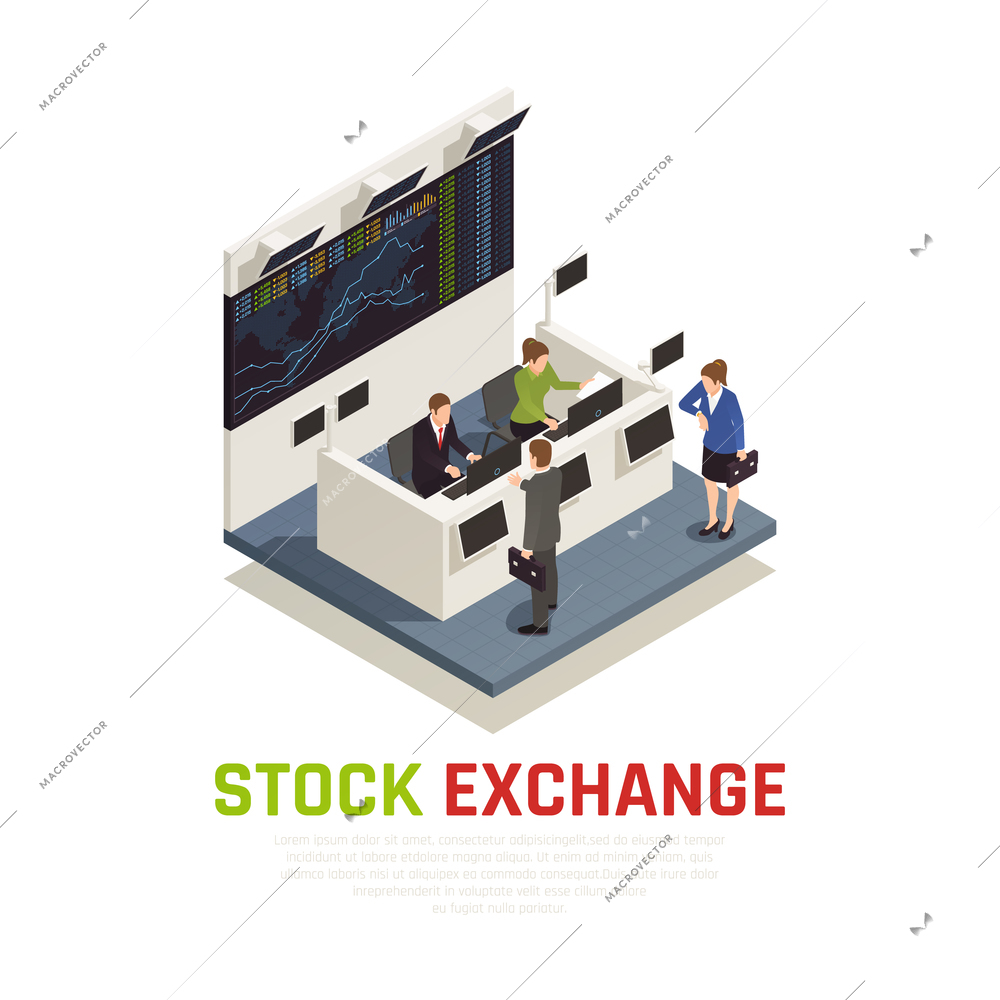 Stock exchange office reception desk service for mutual funds managers and individual investors isometric composition vector illustration