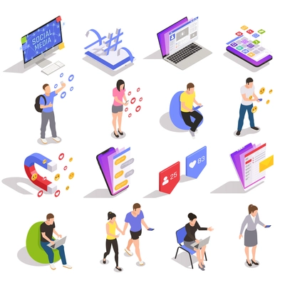 Social media symbols technology messaging people isometric icons collection with devices websites applications users isolated vector illustration