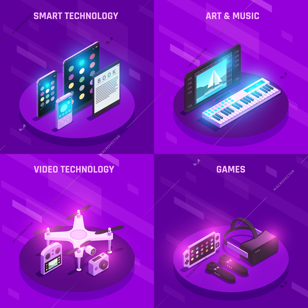 Smart electronic technology gadgets  4 isometric icons composition with readers games musical devices purple background vector illustration