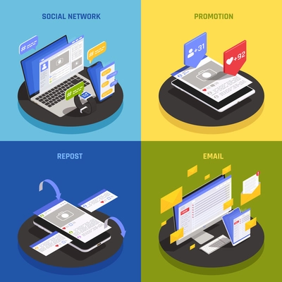 Contemporary social media technology concept 4 isometric compositions with using network promotions smartphone repost mailing vector illustration