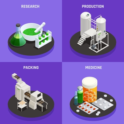 Pharmaceutical industry innovative technologies concept 4 isometric icons composition with scientific research production packing medicine vector illustration