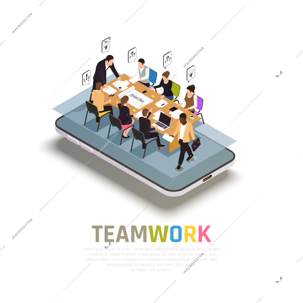 Teamwork collaboration benefits isometric composition on smartphone with group work  sharing ideas making decisions together vector illustration