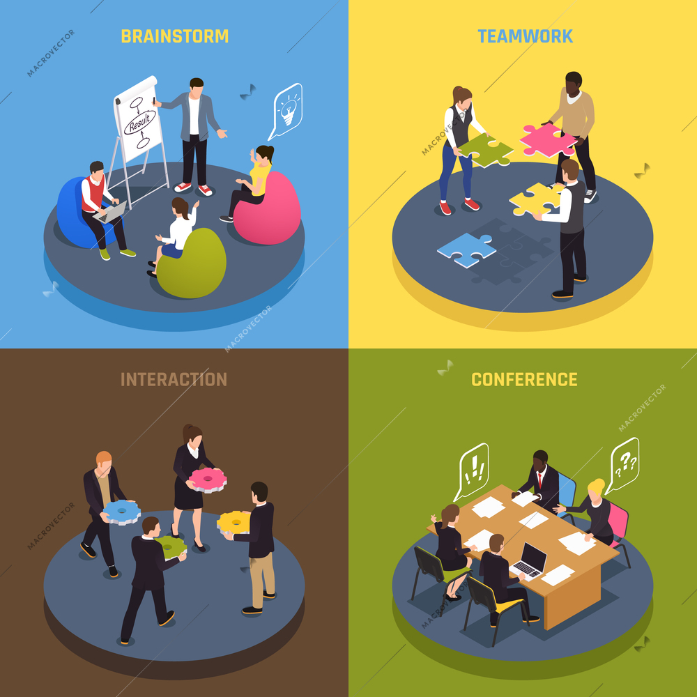 Teamwork collaboration concept 4 isometric  icons with employees ideas sharing conference agreements brainstorm interaction commitment vector illustration