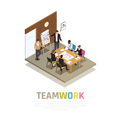 Effective teamwork collaboration isometric composition with project manager holding meeting sharing ideas with working group vector illustration