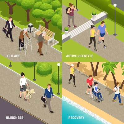 Disabled injured people outdoor activities  rehabilitation 4 isometric icons concept with blind old and amputee vector illustration