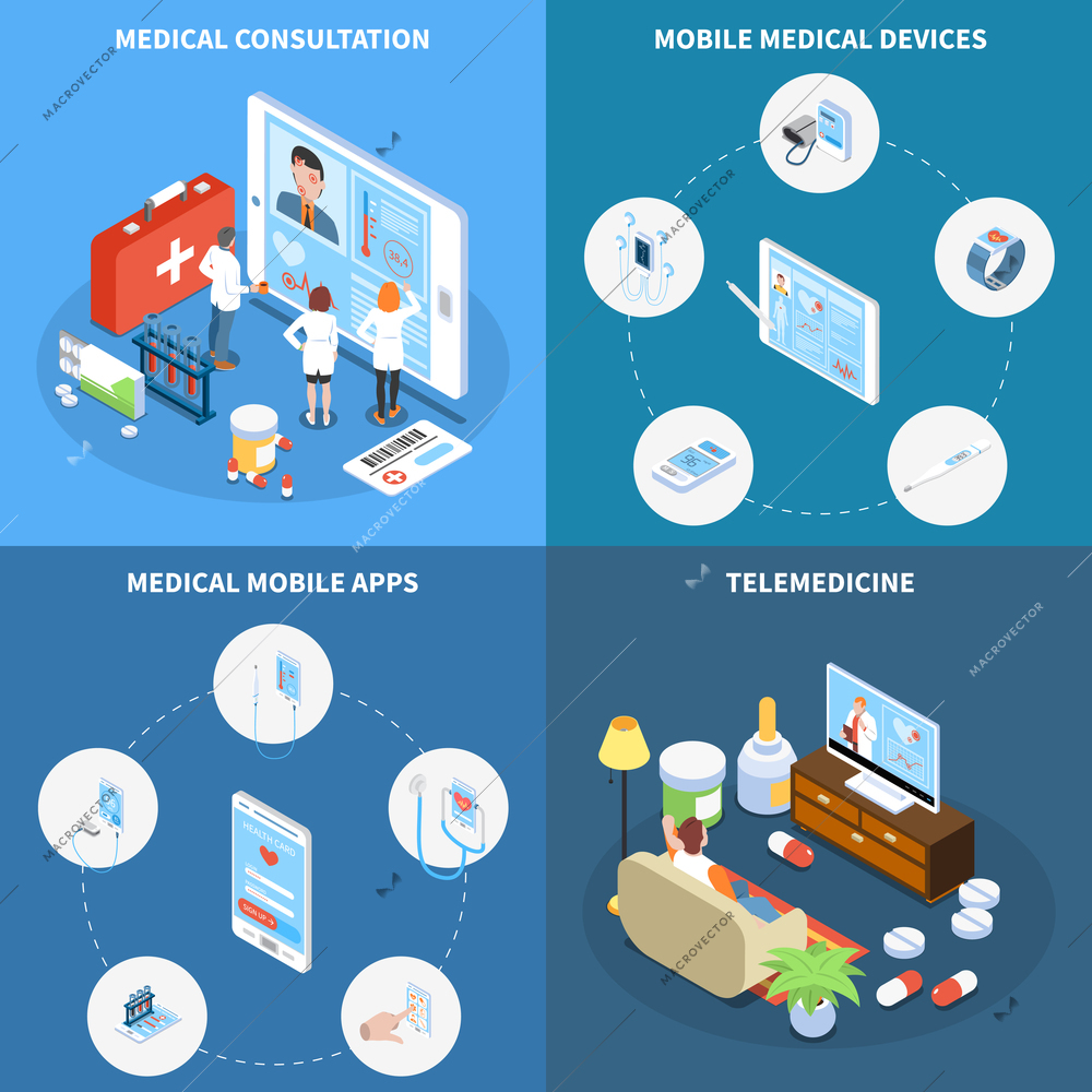 Telemedicine isometric design concept with online consultation medical mobile apps and devices isolated vector illustration