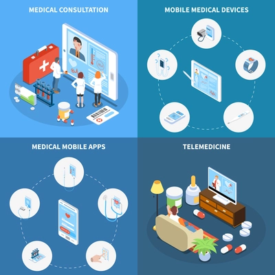 Telemedicine isometric design concept with online consultation medical mobile apps and devices isolated vector illustration