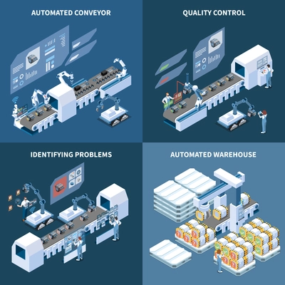 Intelligent manufacturing isometric design concept with robotized conveyor automated warehouse identifying problems quality control isolated vector illustration