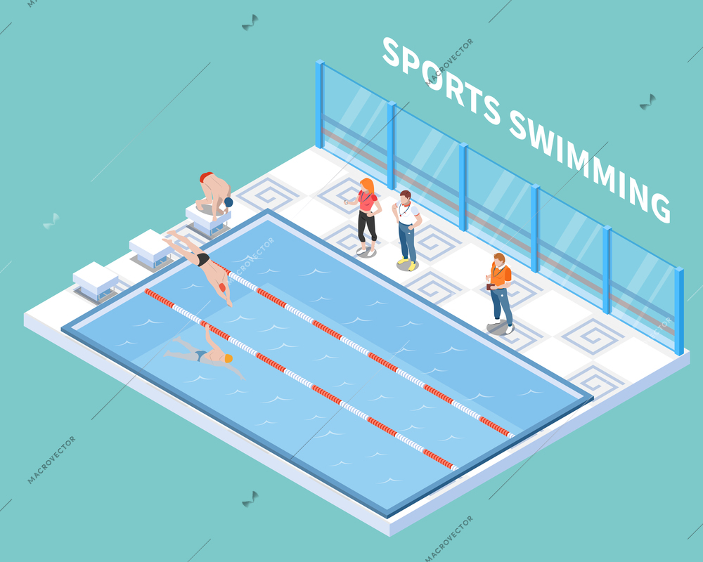 Athletes and trainers during sports swimming workout in public pool isometric composition on turquoise background vector illustration