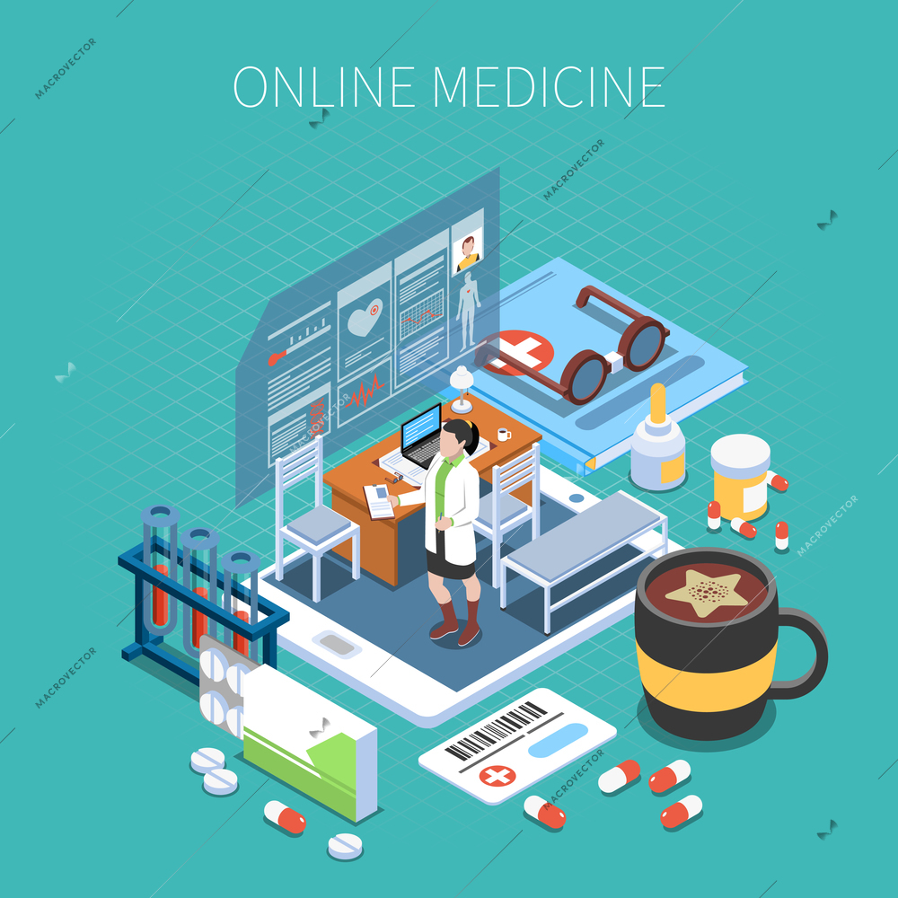 Online medicine isometric composition mobile device with office of doctor and medical objects turquoise background vector illustration