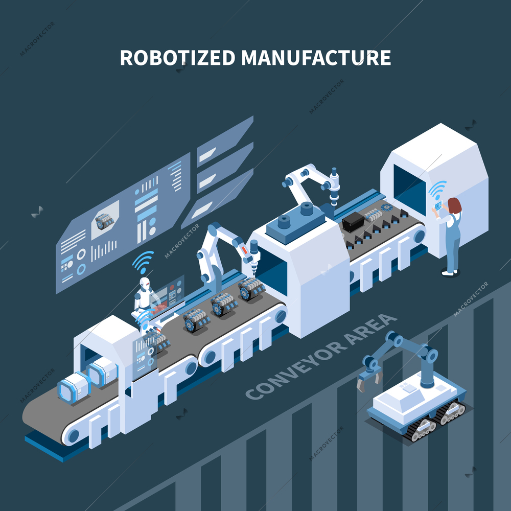 Robotized manufacturing isometric composition with automated conveyor robotic equipment interface elements of control panel vector illustration