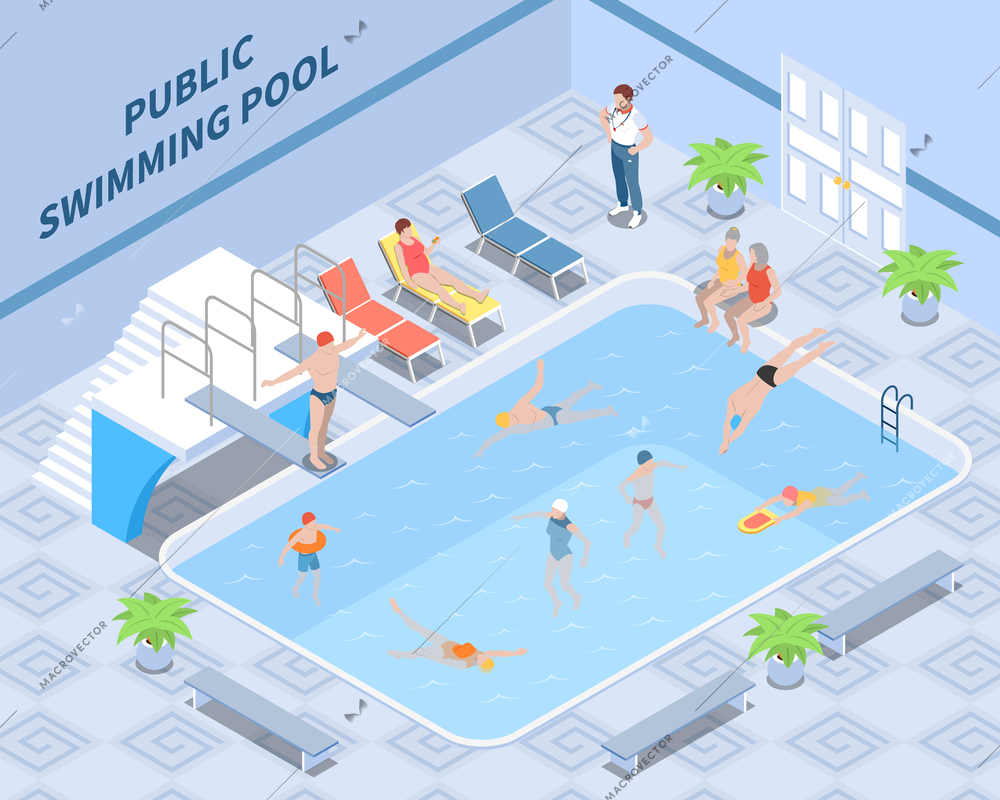 Public pool isometric composition with trainer visitors during swimming and rest interior elements vector illustration