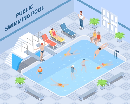 Public pool isometric composition with trainer visitors during swimming and rest interior elements vector illustration