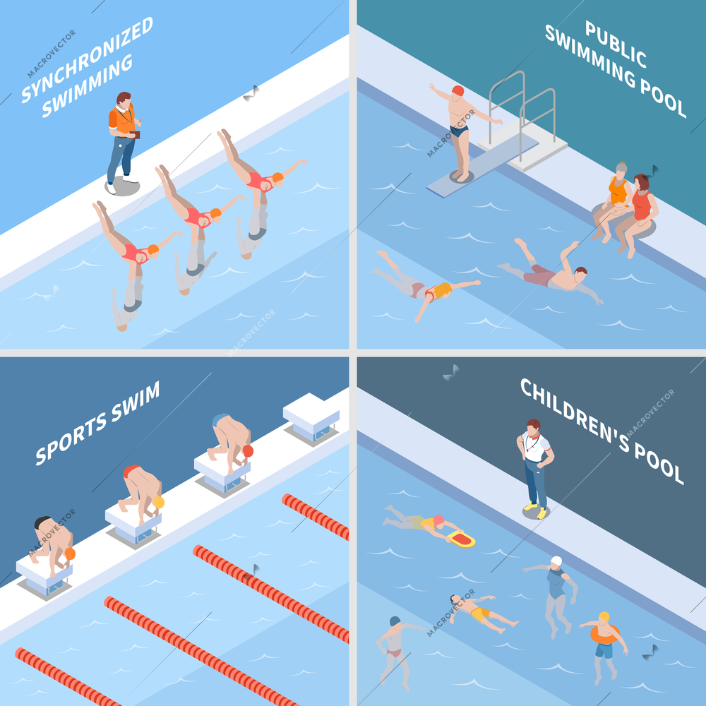 Public pool synchronized swimming sports race and children basin isometric design concept isolated vector illustration