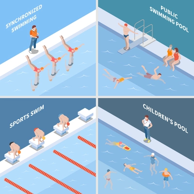 Public pool synchronized swimming sports race and children basin isometric design concept isolated vector illustration