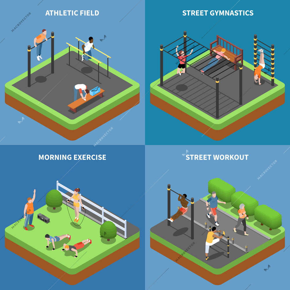 Street workout morning exercises and outdoor gymnastics at athletic field isometric design concept isolated vector illustration