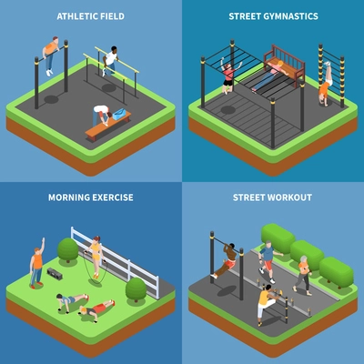 Street workout morning exercises and outdoor gymnastics at athletic field isometric design concept isolated vector illustration