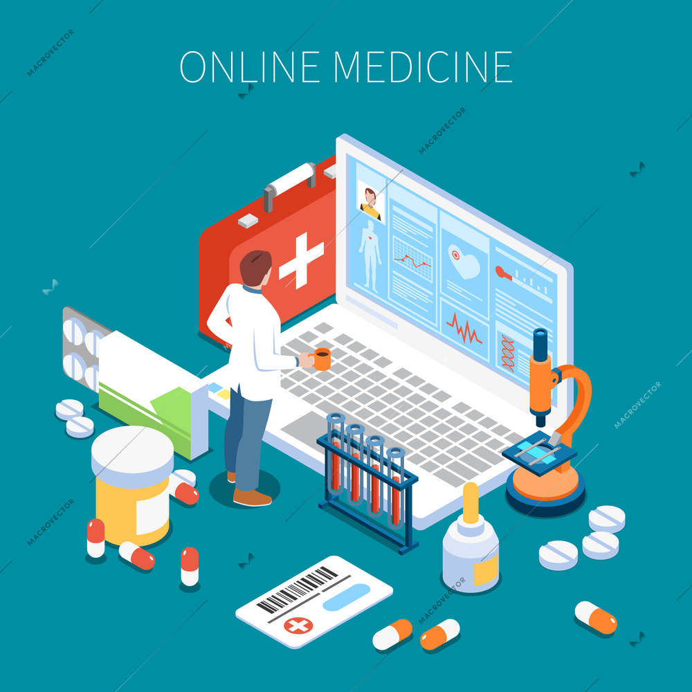 Telemedicine isometric composition doctor studying information about patient health on laptop screen blue background vector illustration