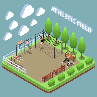 Human characters during outdoor exercises at sports ground isometric composition on turquoise background vector illustration