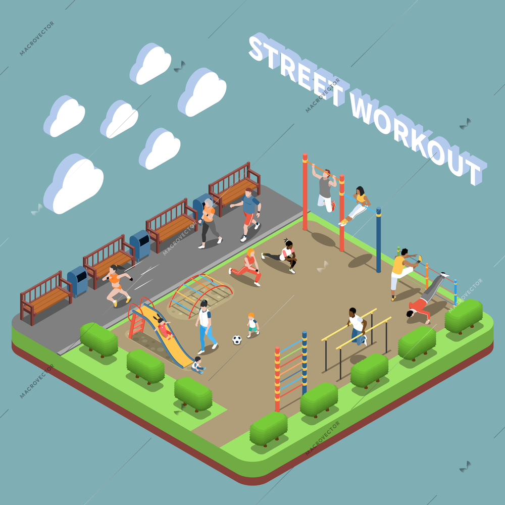 Human characters and street workout area with play ground isometric composition on turquoise background vector illustration