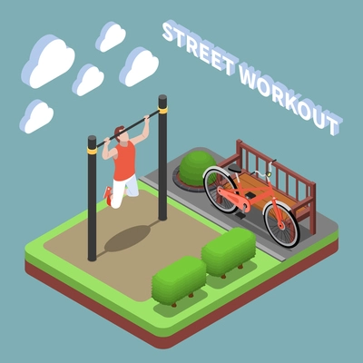 Outdoor exercises isometric composition with young man during pulling up on cross bar turquoise background vector illustration