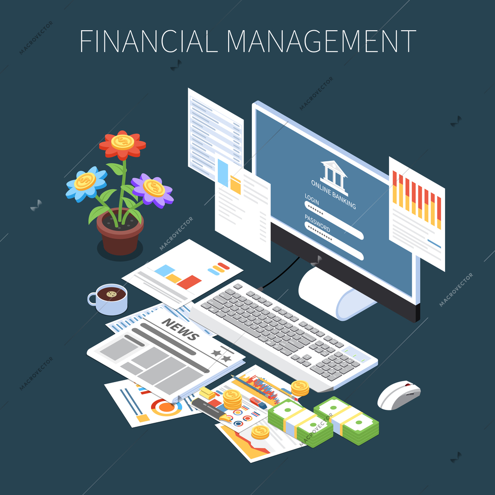 Financial management isometric composition with money economic information and online banking on dark background vector illustration