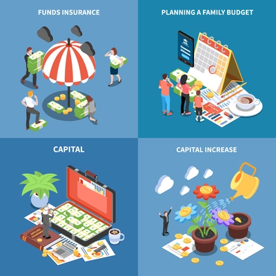 Wealth management isometric design concept with money resources funds insurance planning budget capital increase isolated vector illustration